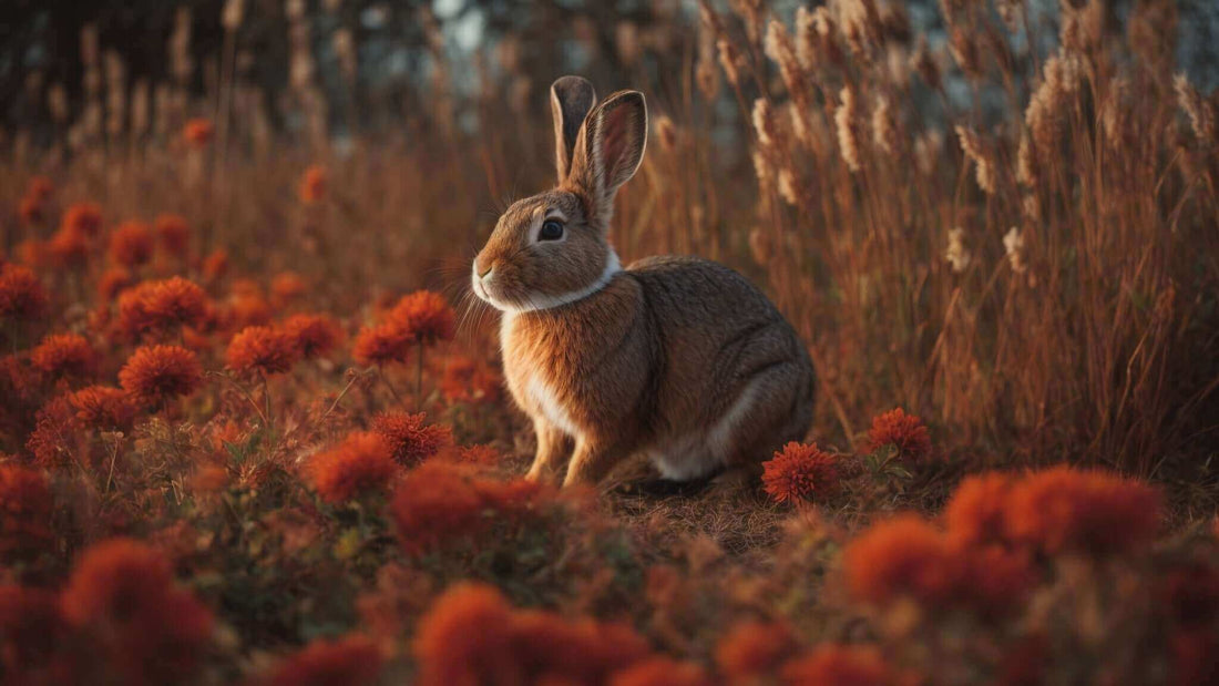 Rabbit sitting among orange flowers in a field during sunset.