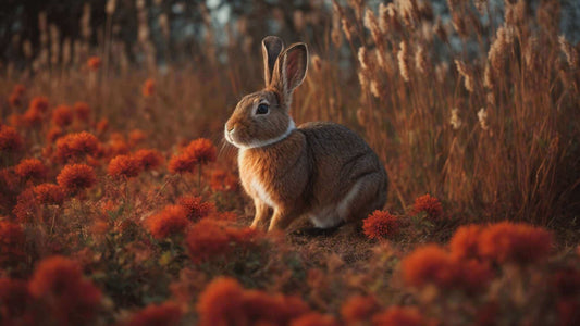 Rabbit sitting among orange flowers in a field during sunset.