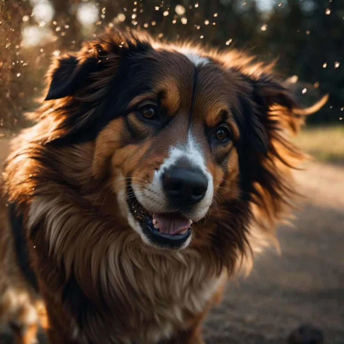 Happy dog playing outdoors with sunlight sparkling through its fur