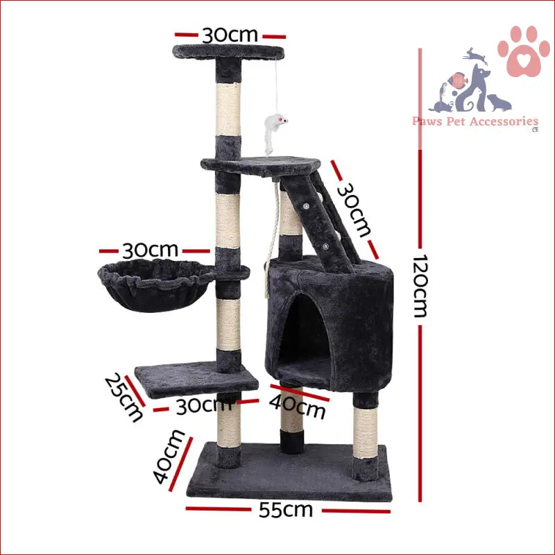 Multi-level cat tree 120cm features scratching posts, hammock, and cozy cubby house