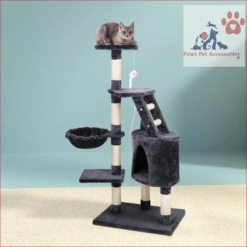 Multi-level Cat Tree 120cm with scratching posts and hideaway in dark gray and white