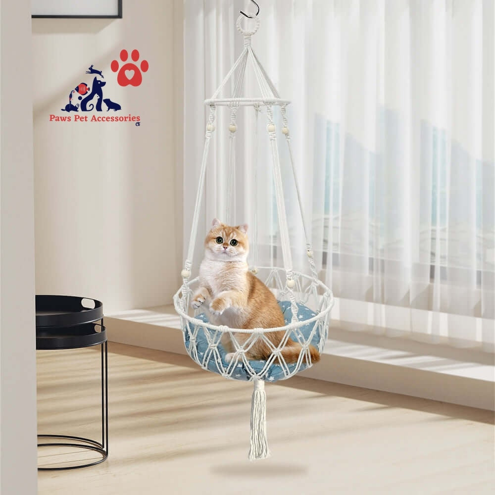 PETSWOL Macrame Cat Hammock - Handwoven Boho Cat Swing For Indoor/Outdoor_5