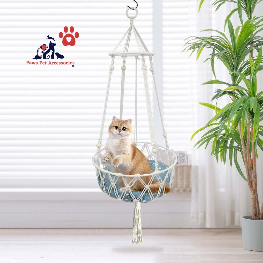 PETSWOL Macrame Cat Hammock - Handwoven Boho Cat Swing For Indoor/Outdoor_6