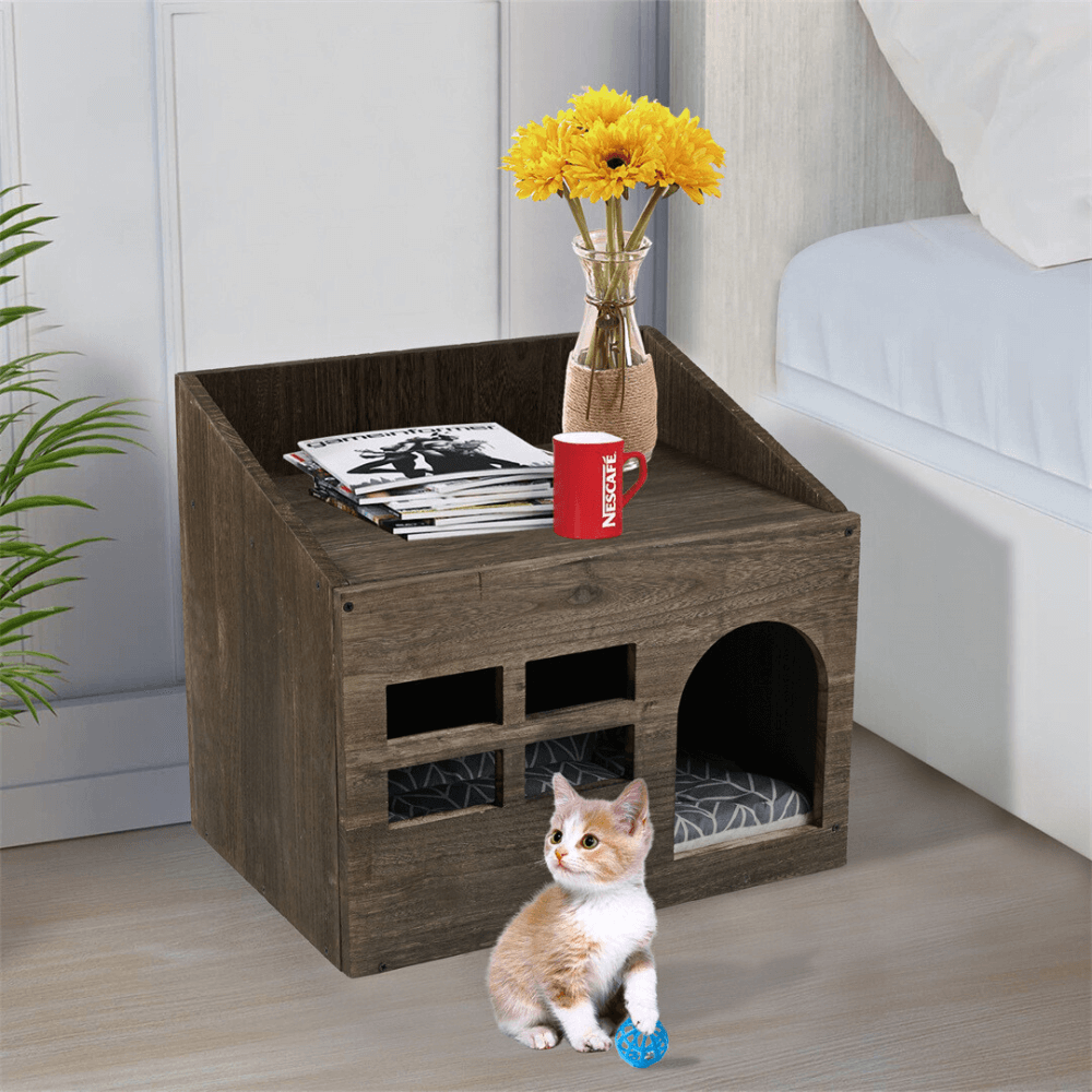 Cozy Wooden Cat Cave Bed with Cushion Pad and Litter Box_5