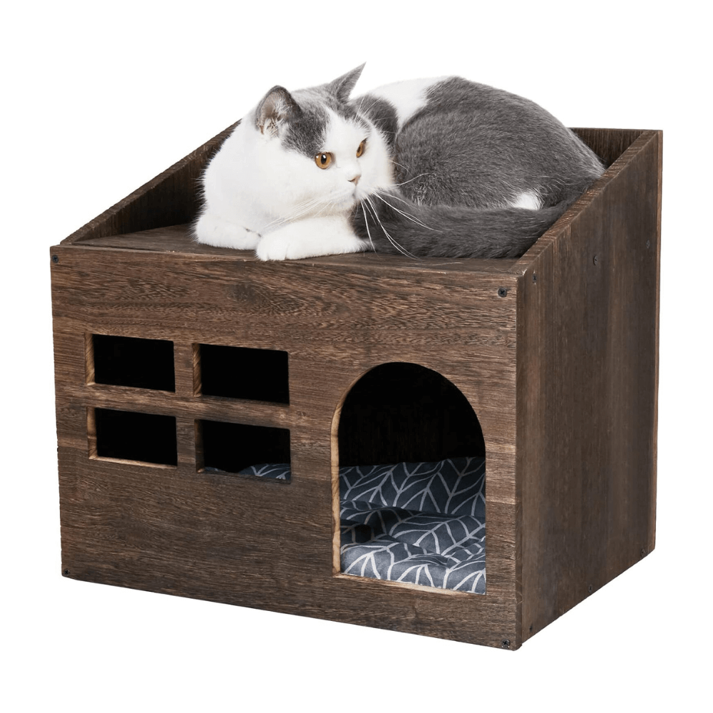 Cozy Wooden Cat Cave Bed with Cushion Pad and Litter Box_6