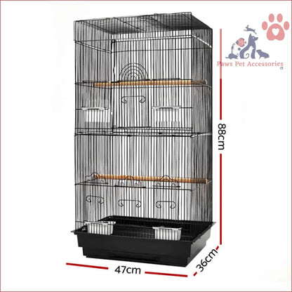 Black metal bird cage 88cm with wooden perches and multiple levels for your pets