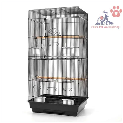 Black metal bird cage 88cm with multiple perches and feeding doors, perfect aviary