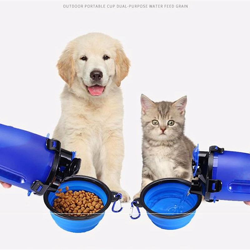 Pets Go Out Dual Water Food Cup Portable Drinking Water Bottle Kettle Plus Folding Dog Food Bowl Outdoor Accompanying Water Cup Bowl