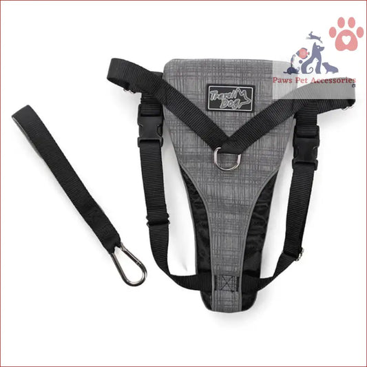 Grey and black dog harness for car travel rides with adjustable straps and leash seat belt