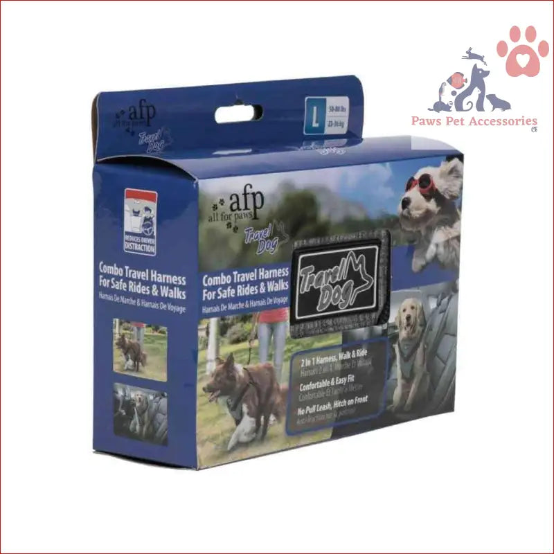 Pet travel harness box showing dogs in L Dog Harness for car travel rides and walks