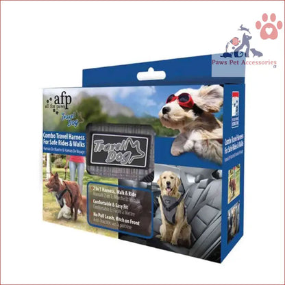 Pet travel harness box showcasing dogs in S Dog Harness 2 in 1 Combo with pull leash seat belt