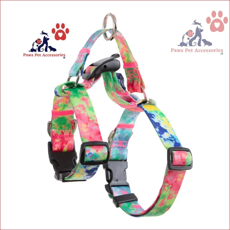 Colorful tie-dye dog double-lined straps harness adjustable with buckles and metal ring