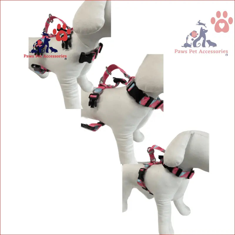 Pink and black striped dog double-lined straps harness on white mannequin forms