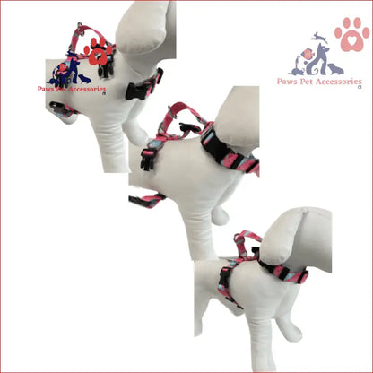 Pink and black striped dog double-lined straps harness on white mannequin forms