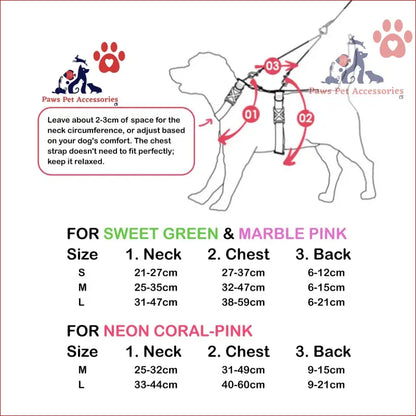 Dog harness sizing chart with measurement tips for Dog Double-Lined Straps Harness