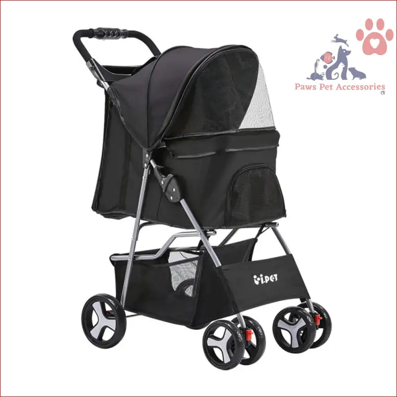 Black i.Pet 4 Wheel Pet Stroller with mesh panels and one-step fold for easy travel