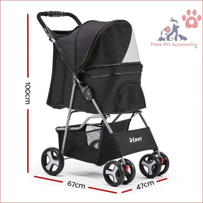 Black i.Pet 4 Wheel Pet Stroller with covered compartment and one-step fold feature