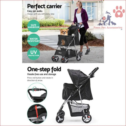 Black i.Pet 4 Wheel Pet Stroller with one-step fold and UV protection features