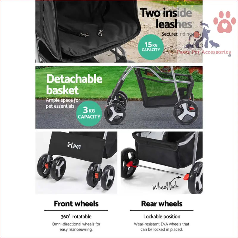 I.Pet 4 Wheel Pet Stroller in Black with detachable basket and one-step fold feature