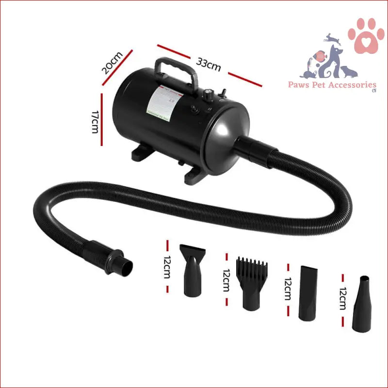 Black cylindrical pet hair dryer with flexible hose for dog cat grooming and low noise