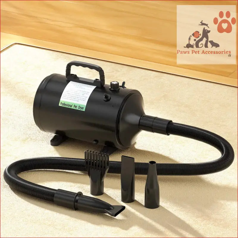 Black portable pet hair dryer with nozzles and hose for dog cat grooming and drying