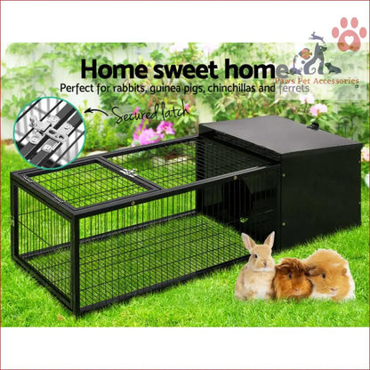 Black metal pet rabbit cage with covered shelter and wire mesh run, 122x52cm hutch enclosure carrier