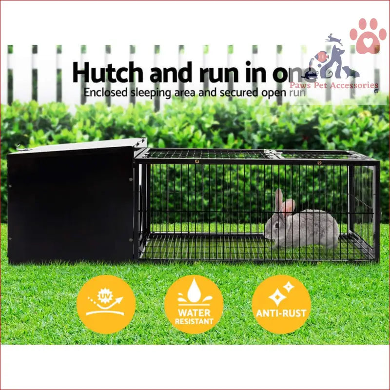 Black metal hutch enclosure carrier with outdoor run for pet rabbit cage 122x52cm