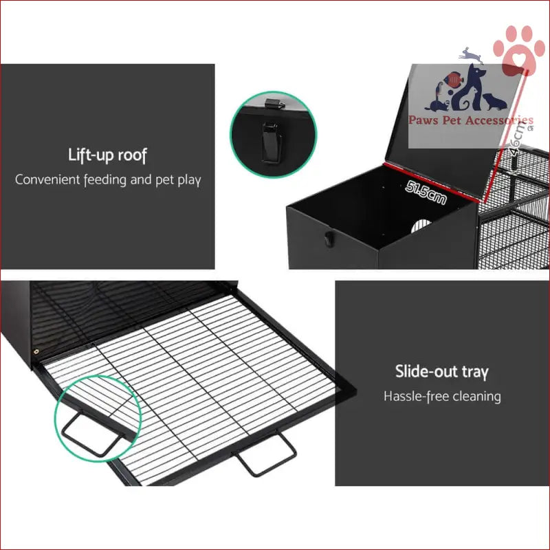 Black metal pet rabbit cage with lift-up roof and slide-out tray, 122x52cm hutch enclosure