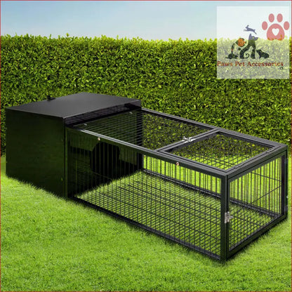 Black metal rabbit cage 122x52cm with a shelter area and wire mesh run for pets