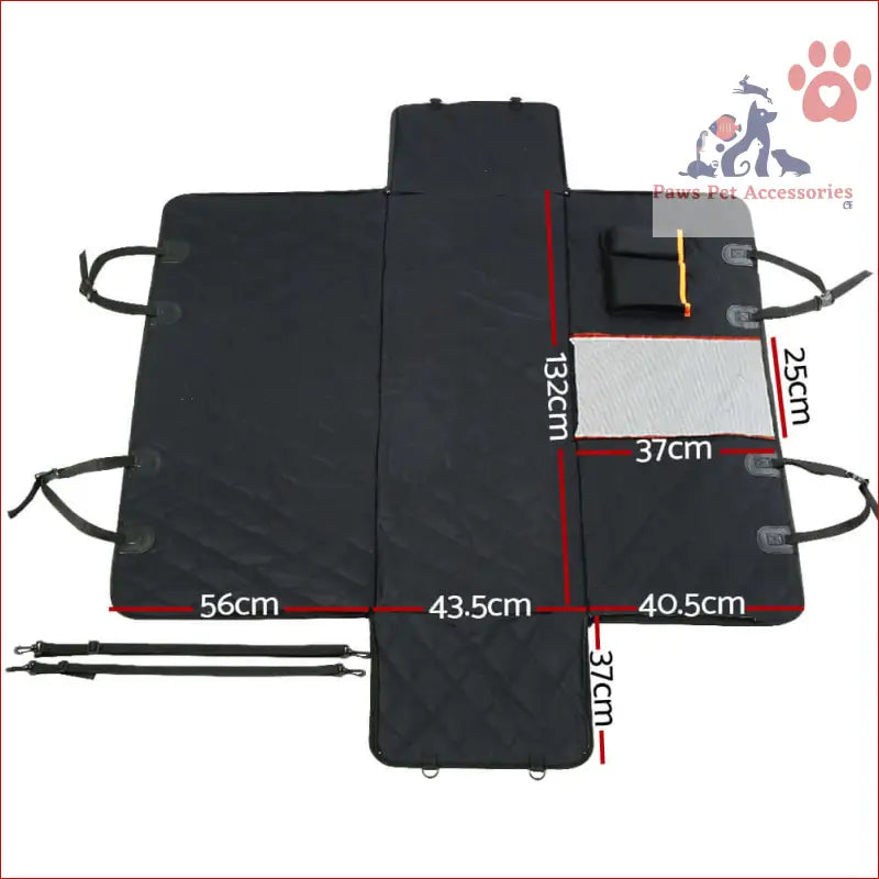 Black foldable pet car cover with straps and measurements for easy use in your vehicle