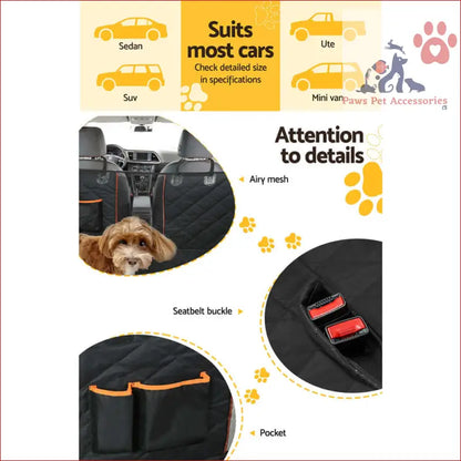 Pet car seat cover with mesh panels and pockets for easy access to seatbelt buckle