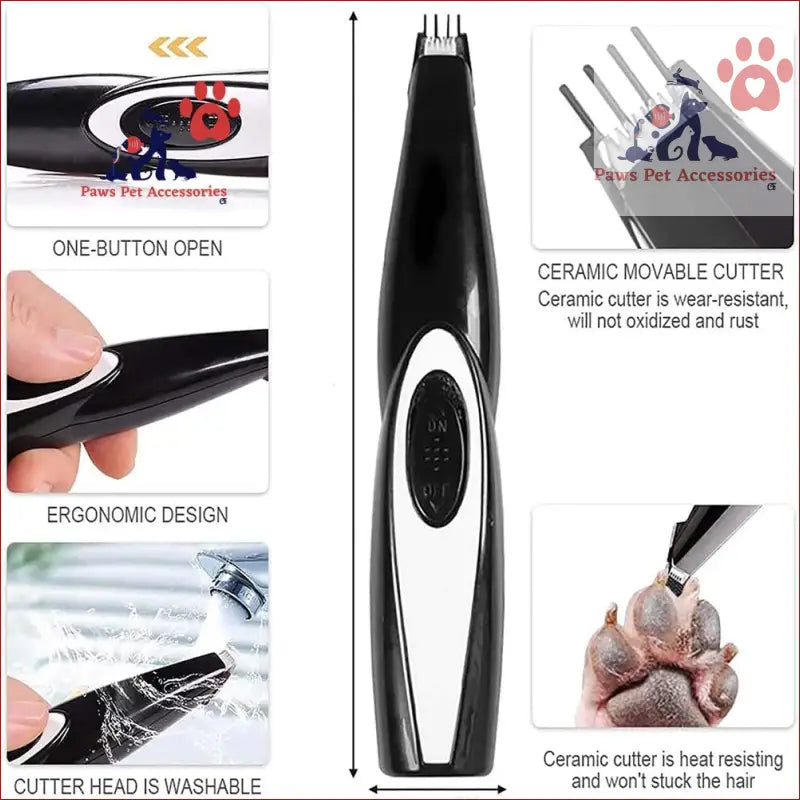 Black electric pet hair clipper with ceramic blades for easy grooming and one-button operation