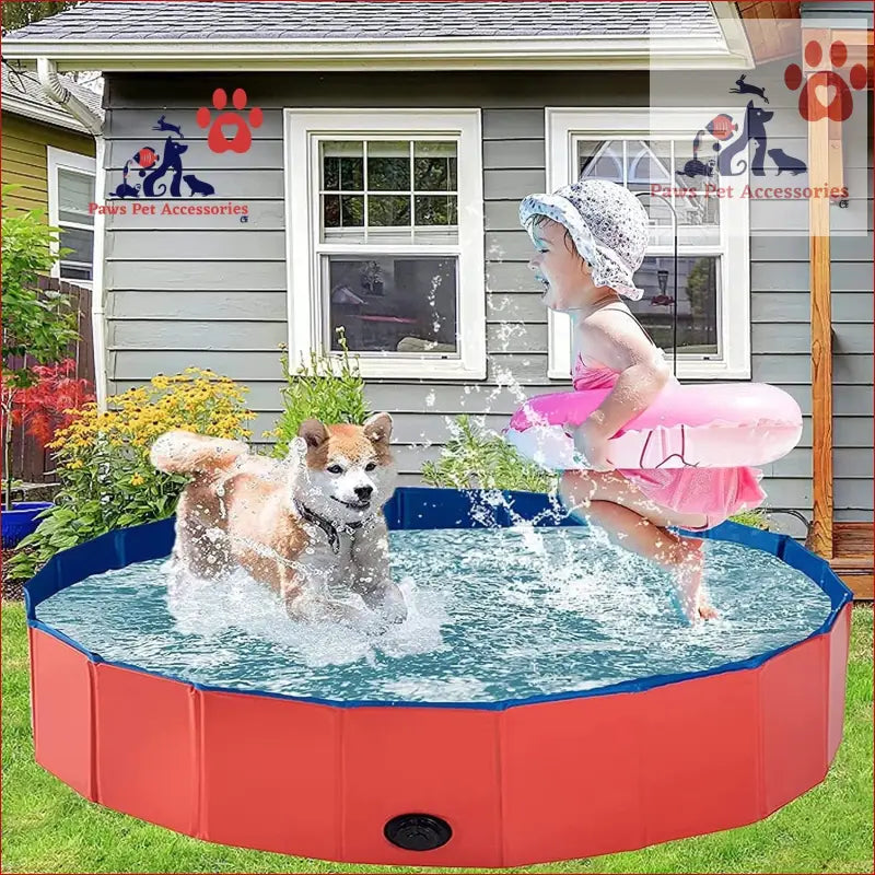 Red Collapsible Outdoor Bathing Pool splashing water, perfect for your furry friend