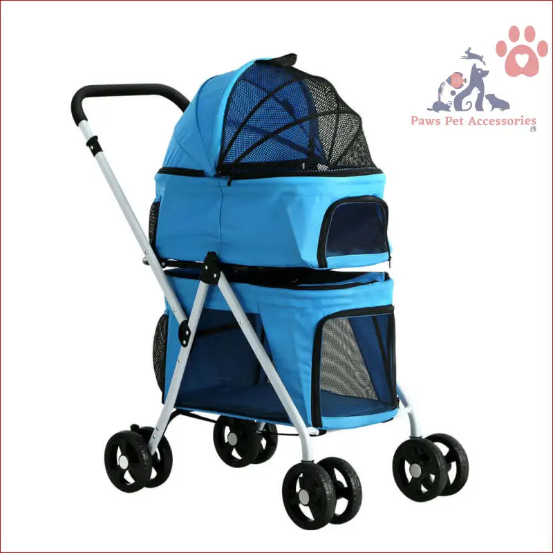 Blue pet stroller dog with mesh panels, perfect for cat carrier travel or dog pram large