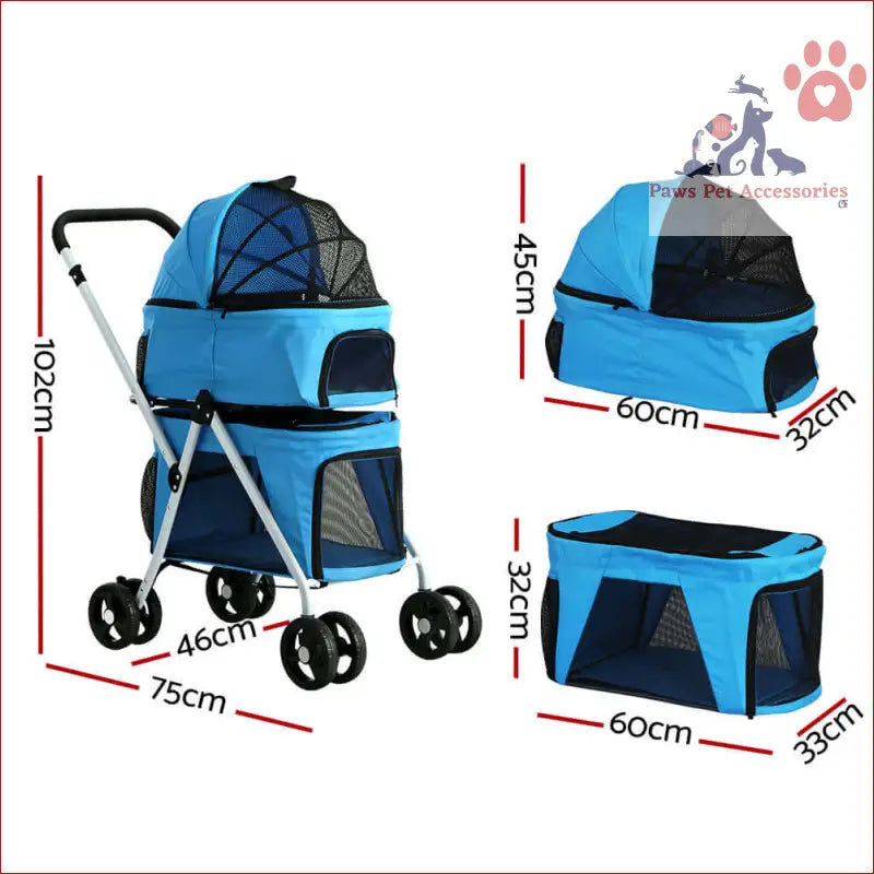 Double-decker blue pet stroller dog pram large with mesh panels and wheels for travel