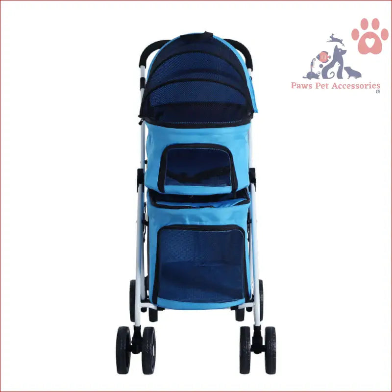 Light blue and navy pet stroller dog pram large with wheels and compartments for travel