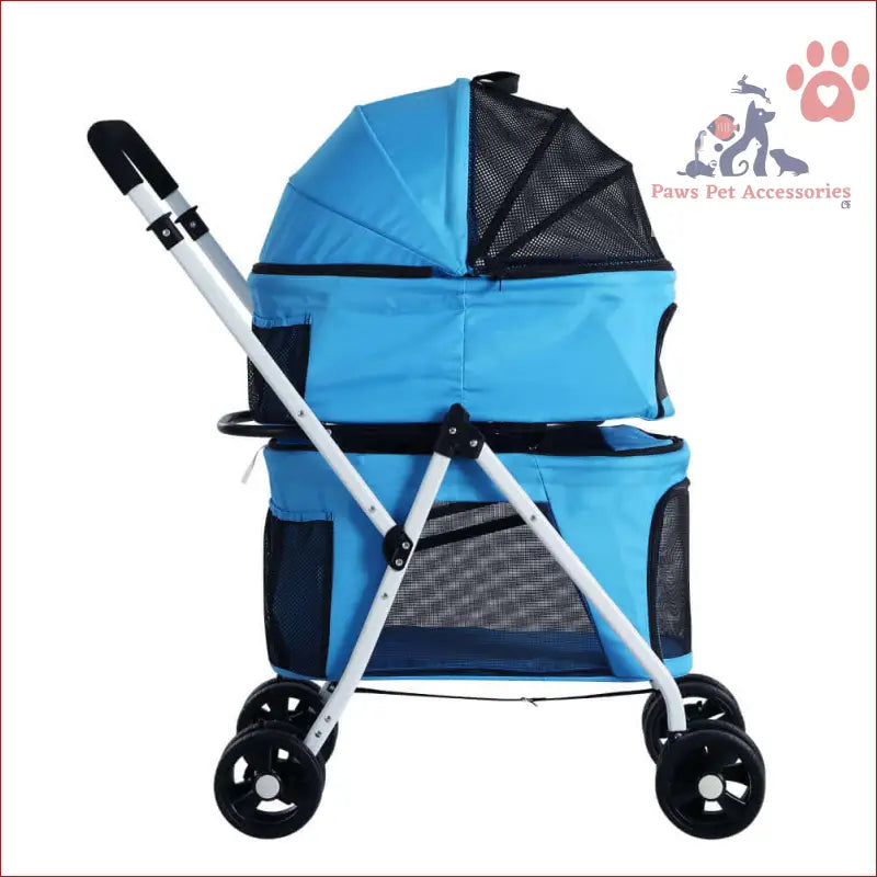 Blue pet stroller with mesh panels great for dogs and cats, perfect for travel