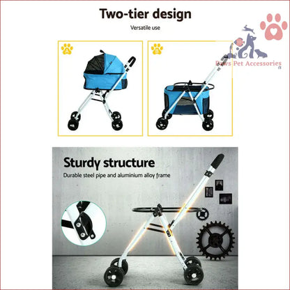 Light blue pet stroller dog pram large with two-tier design and sturdy metal frame