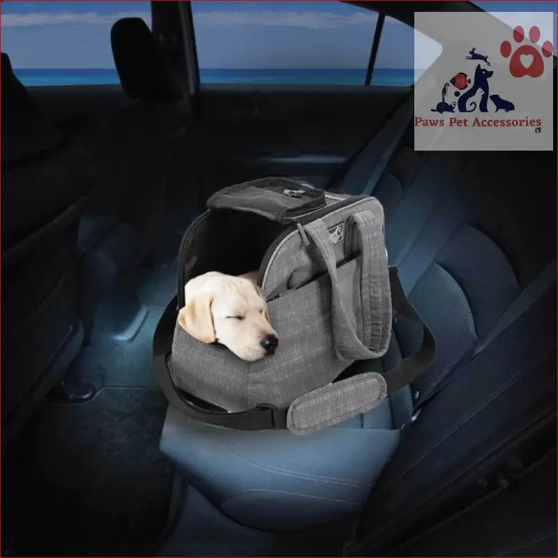 White puppy snoozing in a cozy gray pet carry travel bag for easy trips