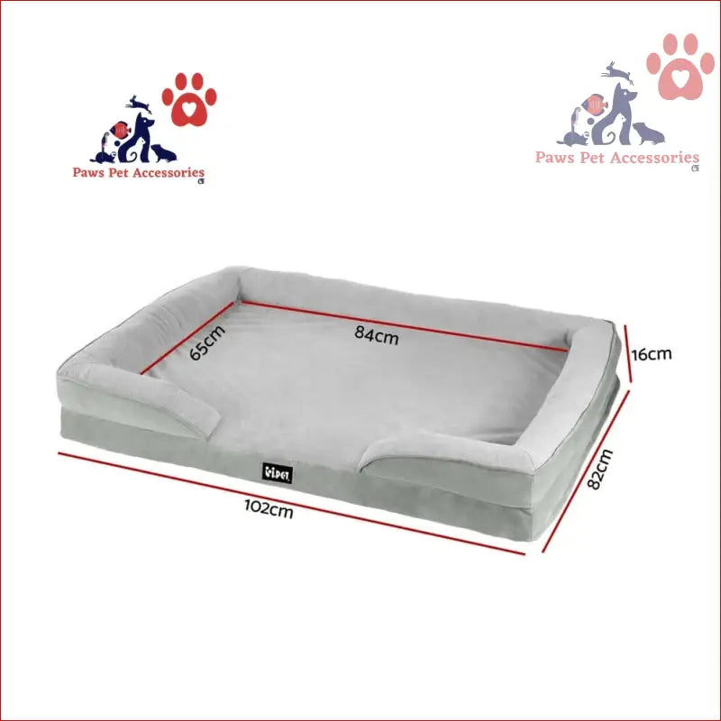 Gray rectangular pet bed dog with raised edges and calming soft cushion dimensions