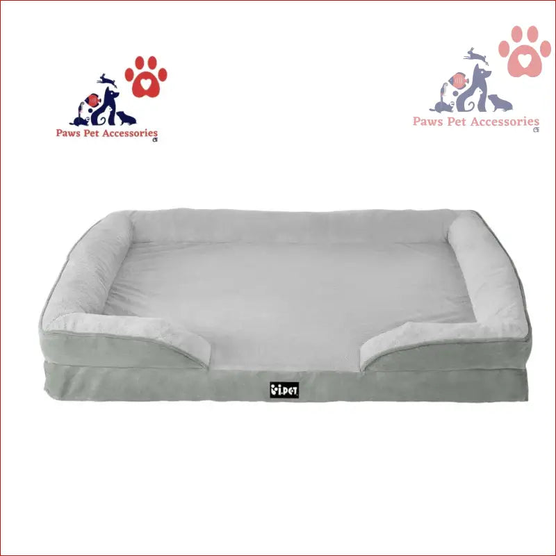 Gray and white orthopedic pet bed dog with bolstered sides for a calming soft cushion