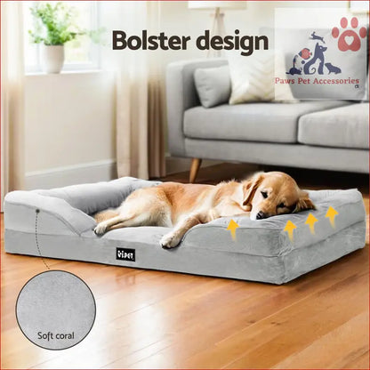 Gray orthopedic pet bed dog with raised bolsters and calming soft cushion egg crate design