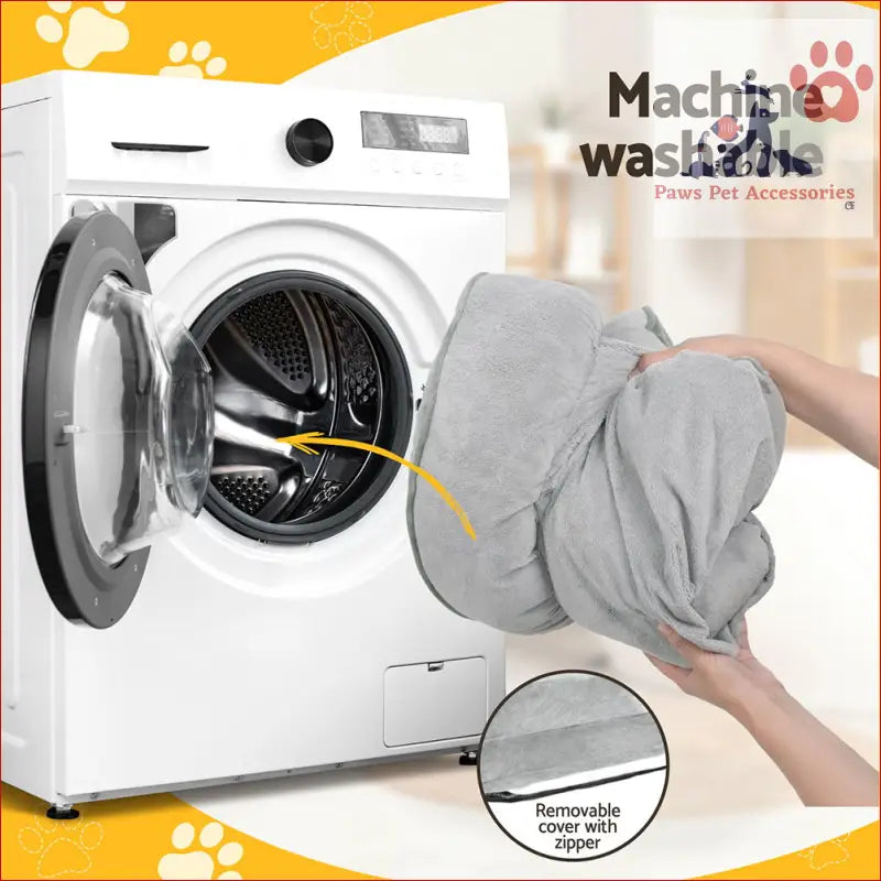 White front-loading washing machine with open door revealing drum for cleaning pet bed dog