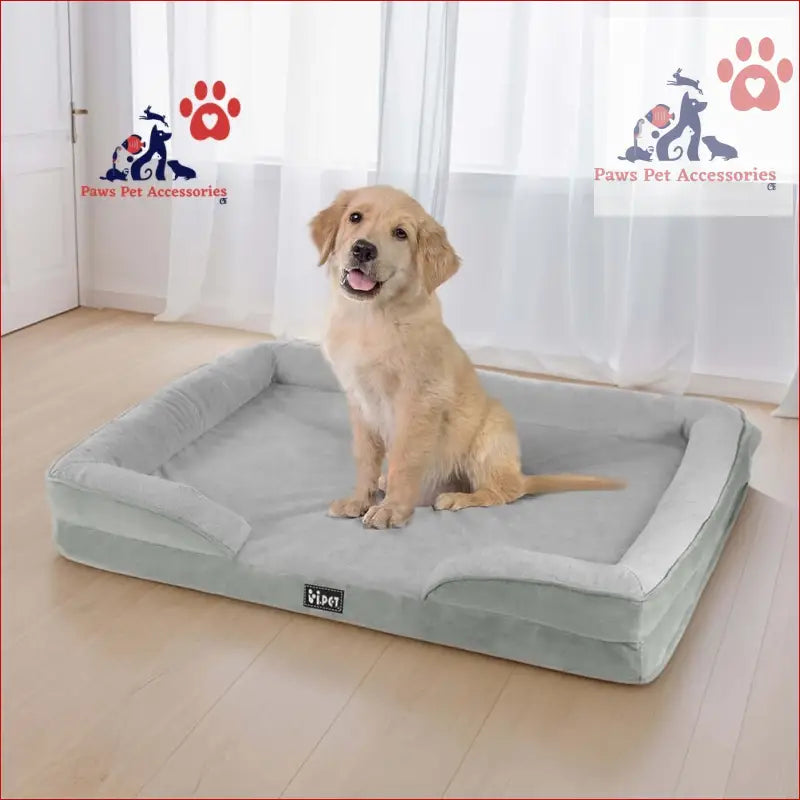 Happy Golden Retriever puppy on a calming soft cushion pet bed dog, perfect for comfort