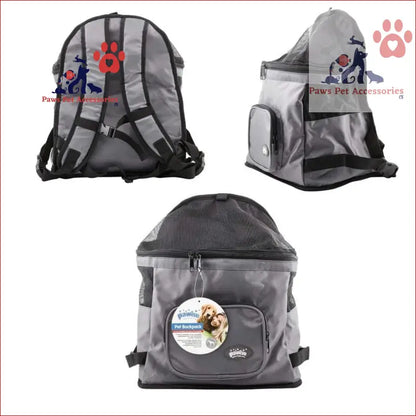 Grey pet backpack dog carrier with mesh panels and comfy padded straps for hiking