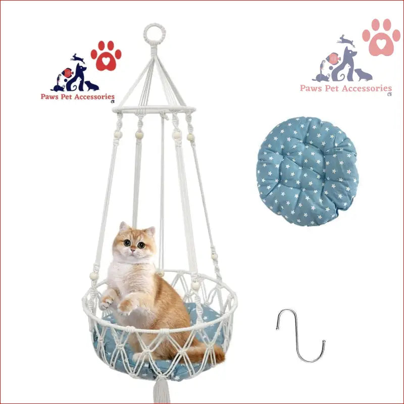 Cream-colored cat lounging in a stylish PETSWOL macrame cat hammock for ultimate comfort