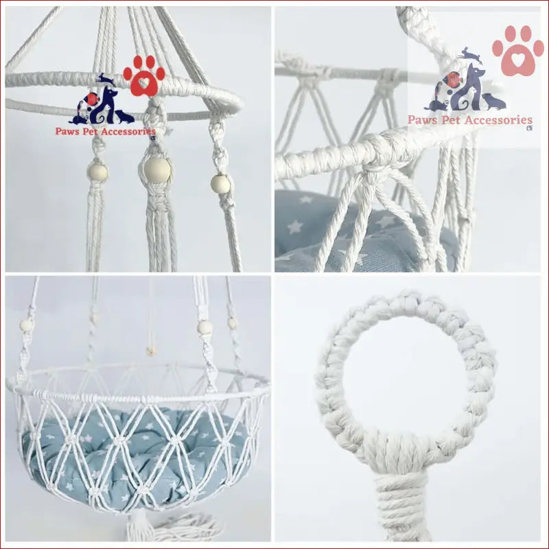 Stylish White Macramé Plant Hanger for the PETSWOL Handwoven Boho Cat Hammock