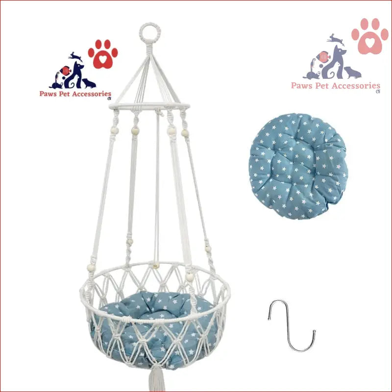 White Macrame Cat Hammock with blue cushion perfect for your Handwoven Boho Cat