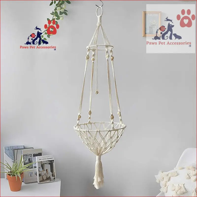 Handwoven boho cat swing Macrame plant hanger in white cotton with tassels and knots