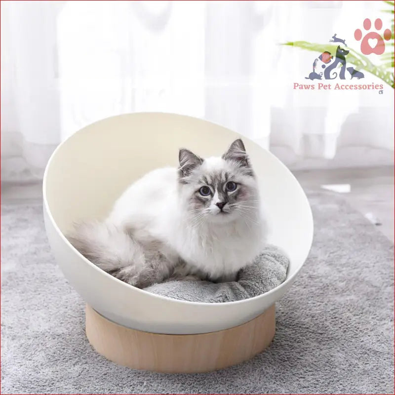 Ragdoll cat lounging in a Modern Cat Sphere Bed Nest with wooden base and white shell